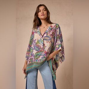 NWT 🩵 Johnny Was Aletika Silk Poncho Colorful Paisley Kimono Top